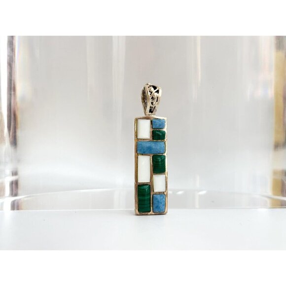 Geometric Malachite, Mother of Pearl & Blue Quartz 925 Sterling Vintage Pendant - Picture 10 of 10